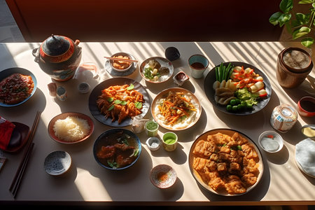 Korean food set on dining table. Top view of japanese food.の写真素材