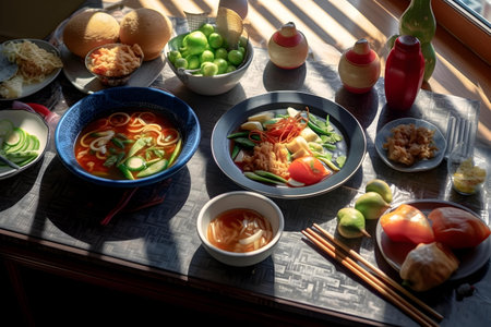 Noodles with vegetables on a wooden table in a restaurant.の写真素材