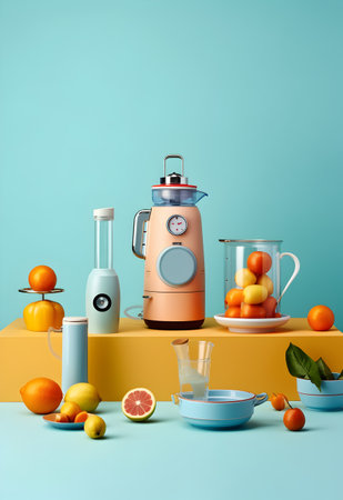 Fruit juicer with fruits on blue background. 3d renderingの写真素材