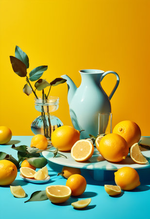 Still life with lemons and teapot on blue and yellow backgroundの写真素材