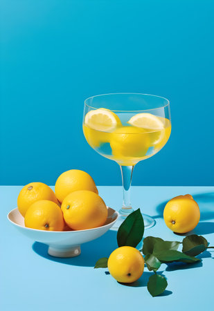 Fresh lemons and lemonade in a glass on a blue backgroundの写真素材