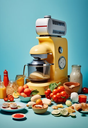 Composition with electric juicer, fresh vegetables and fruits on blue backgroundの写真素材
