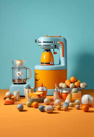 Kitchen mixer with fruits and vegetables on orange and blue background.の写真素材