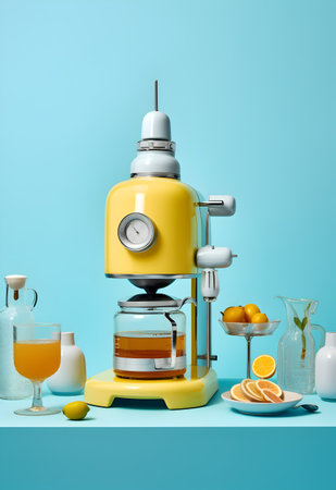 Modern yellow electric coffee machine on blue background, 3d render.の写真素材