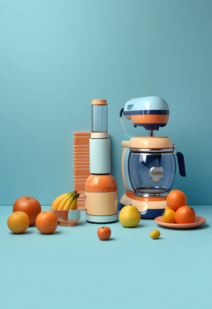 Electric juicer and fruit on blue background. 3D rendering.の写真素材