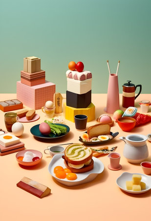 3d illustration of a set of food for breakfast on a colored backgroundの写真素材