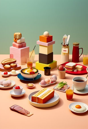 Breakfast table with various food and drinks. 3d illustration.の写真素材
