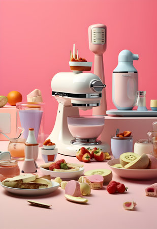 Set of food in the kitchen on a pink background. 3d renderingの写真素材