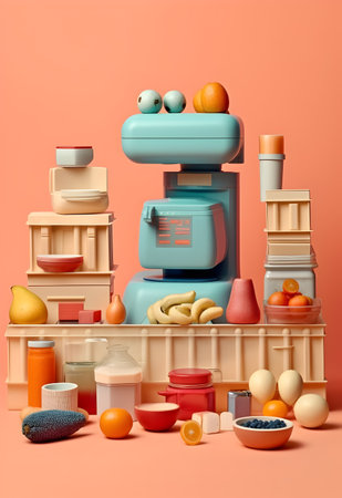 3d illustration of a blender with different products on a wooden shelfの写真素材