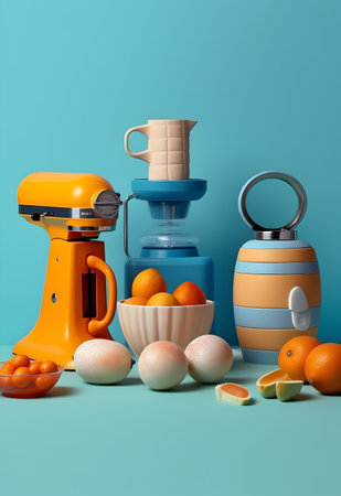 Easter composition with fruits and juicer on blue background. 3d renderの写真素材