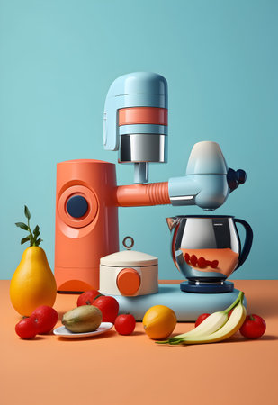 Coffee maker with fruits and vegetables. 3d illustration.の写真素材
