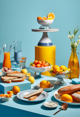 Healthy breakfast on blue background. Fresh fruits, juice and breadの写真素材