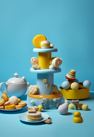 Cake tower with sweets on blue background. Minimal concept.の写真素材