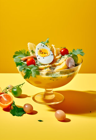 Eggs and vegetables salad in a glass bowl on a yellow backgroundの写真素材