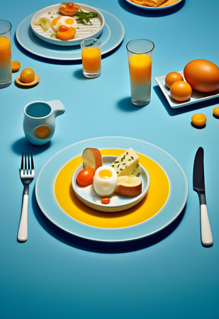Breakfast with eggs and cheese on a blue background. 3d renderingの写真素材