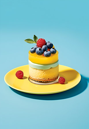 Colorful cake with berries on a yellow plate on a blue background