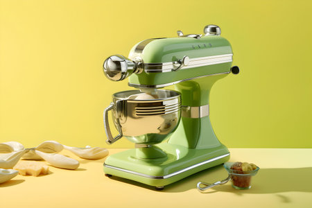 Digital illustration of a kitchen mixer against a yellow background with ingredients.の写真素材