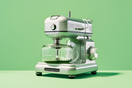 Modern electric mixer on a green background. 3d render. Copy space.