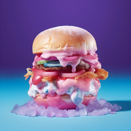 Burger with pink sauce and ice cubes on a blue background.の写真素材