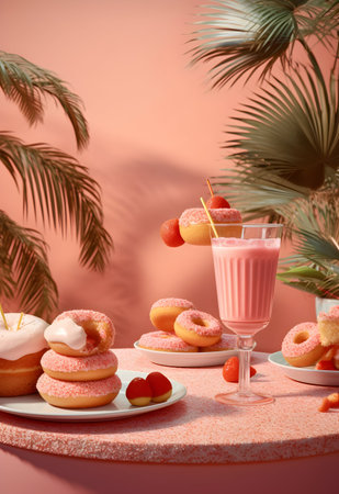 Pink milkshake with donuts on the table against the background of palm leavesの写真素材