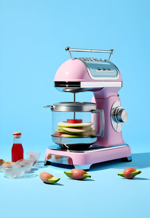 Modern pink electric blender with fruits and vegetables on blue background. 3d rendering