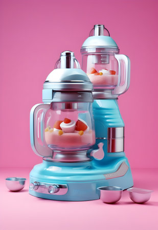 Modern electric juicer with fresh fruits and berries on a pink backgroundの写真素材