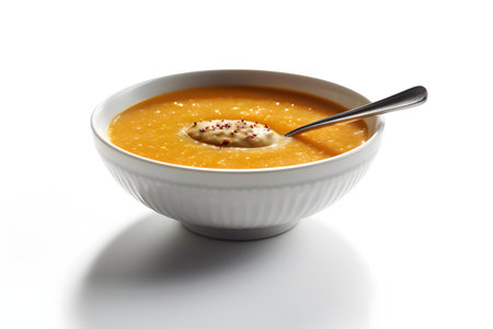 Pumpkin soup in a white bowl with spoon on white backgroundの写真素材