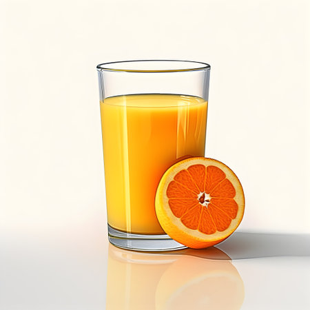Glass of fresh orange juice with slice of orange on white background.の写真素材