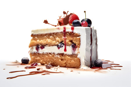 Piece of cake with cream and berries on a white background.