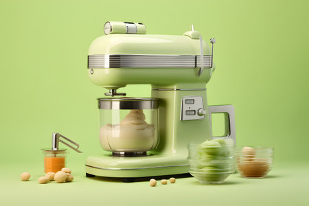 Modern electric mixer with ingredients for making cakes on a green background.の写真素材