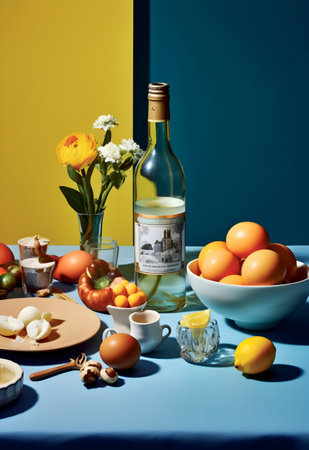 Still life with a bottle of white wine, fruits and vegetables on a blue backgroundの写真素材