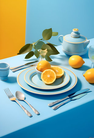 Lemon on a blue background with cutlery and a teapotの写真素材