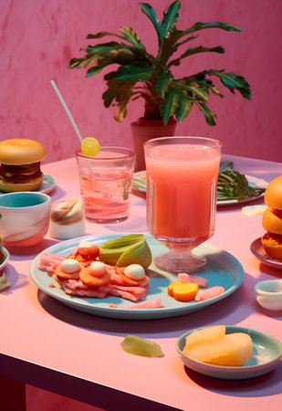 Fruit juice on a pink background. A glass of fruit juice.の写真素材