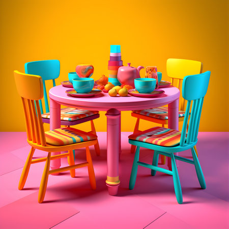 3d illustration of a table and chairs with food on it.の写真素材