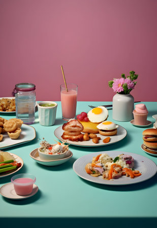 Breakfast table with different food and drinks on light blue background.の写真素材