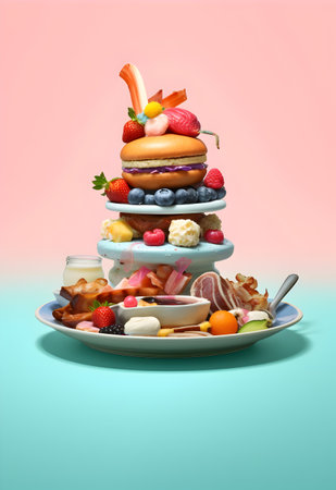 Fruit and berry tower on colorful background. 3d illustration
