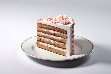 Piece of cake with pink cream on a white plate on a white backgroundの写真素材