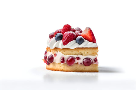 Piece of cake with cream and berries isolated on white background.の写真素材