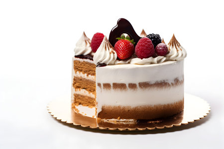 Chocolate cake with cream and berries on a white background, isolatedの写真素材