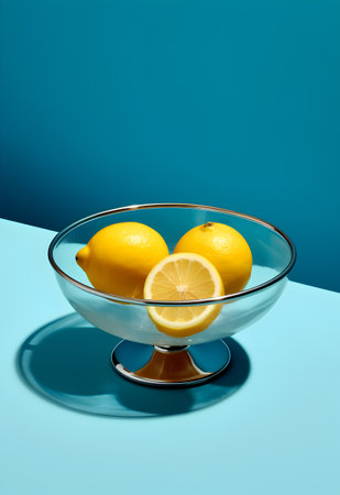 Lemons in glass bowl on blue background. Minimal still life
