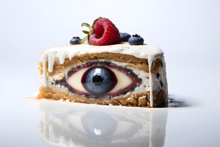 Piece of cake with blueberries and raspberries on a white backgroundの写真素材