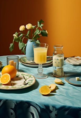 Still life with a glass of orange juice on a blue tablecloth