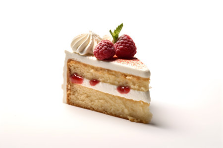 Piece of cake with raspberries on a white background.の写真素材