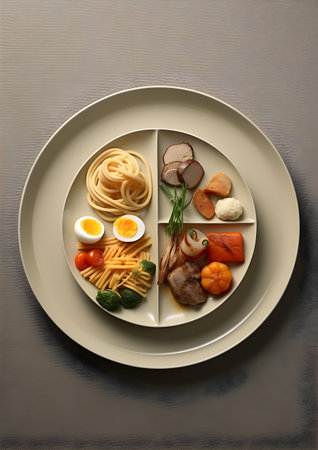 Japanese food set on a plate on a dark background, top viewの写真素材