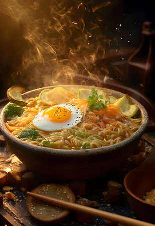 Ramen noodles with fried egg and vegetables in clay pot on dark background