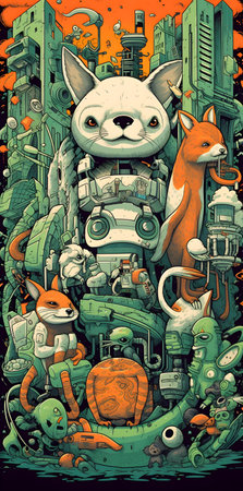 Vector illustration of a robot in the city. Cartoon cute robot.の写真素材