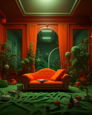 Interior of a fantasy room with a red sofa and a plantの写真素材
