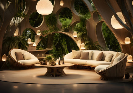3d rendering of a modern living room with a beautiful garden designの写真素材