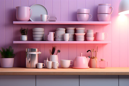 Kitchen shelves with different dishes and utensils. 3d renderingの写真素材