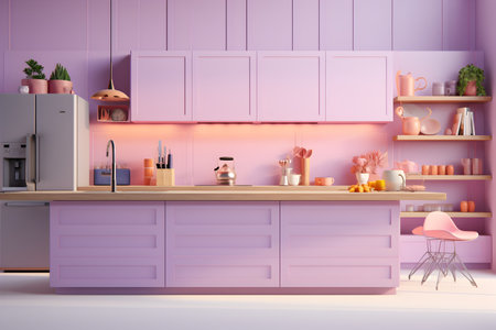 3d render of modern kitchen interior design in pink color. 3d illustrationの写真素材